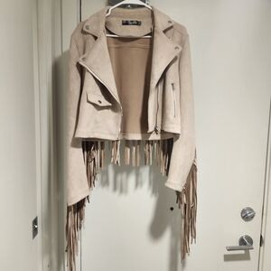 Missguided Beige Suede Fringe Moto Jacket